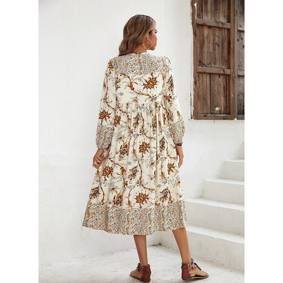 Women's Long Sleeve Floral V-Neck Boho Midi Dress with Ties for Vacation - Picture 5 of 6